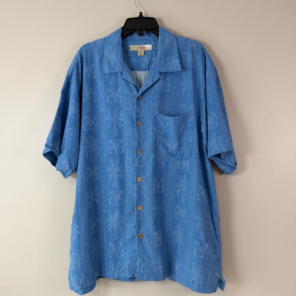 J Rowe Mens XL Blue 100% Silk Marlin Embroidered Tropical Jacquard Camp Shirt
